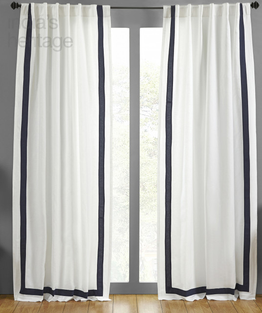 Amalfi Bordered Linen Cotton Curtain in White Navy by Ellora Casa by India's Heritage