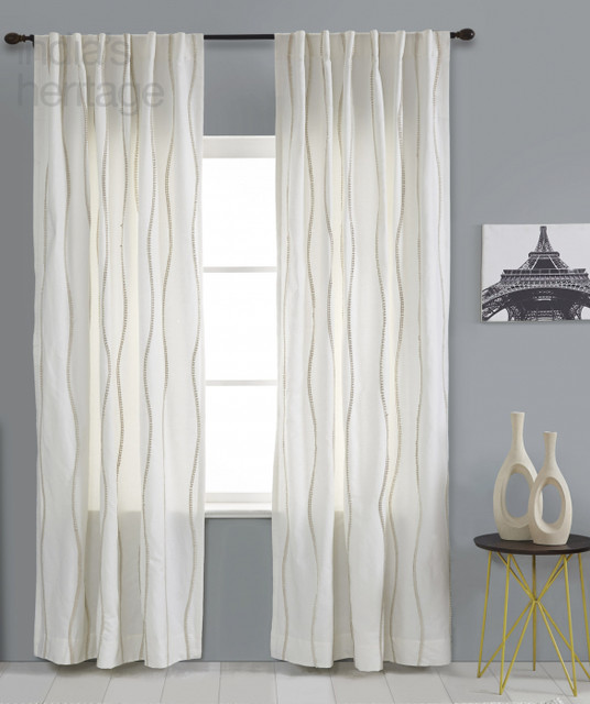 Pompom Motif Linen Cotton Embroidered Curtain in Ivory by Ellora Casa by India's Heritage