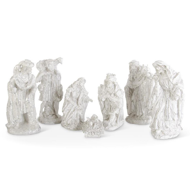 K&K Interiors Set of 7 White Glittered Nativity Figures - 15" Tabletop