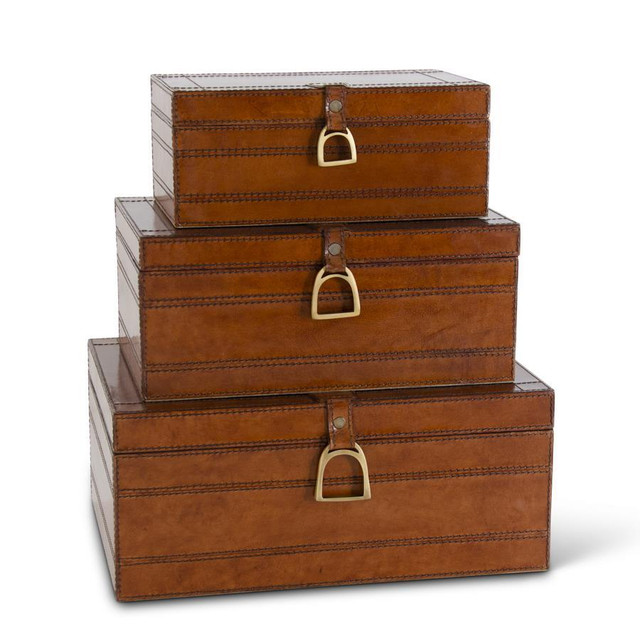 Set of 3 Brown Leather Suede Lined Nesting Boxes by K&K Interiors Set of 3 Brown Leather Suede Lined Nesting Boxes by K&K Interiors
