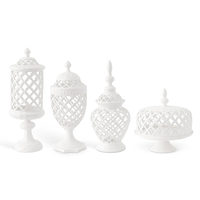 Set Of 4 White Ceramic Filigrees Containers & Cake Plate by K&K Interiors