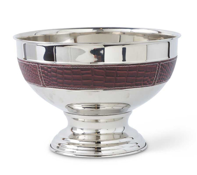 10 Inch Silver Metal Bowl With Brown Leather Trim