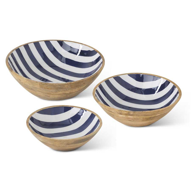 Wooden Bowls With Blue and White Striped Enamel Inside
