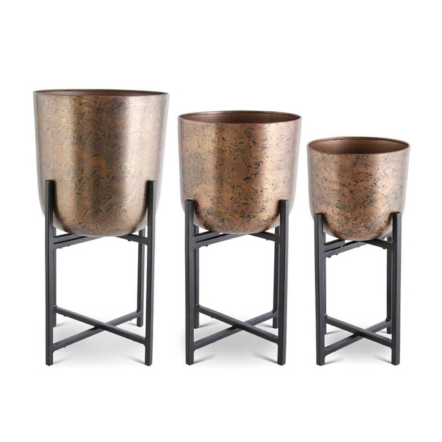 Copper Distressed Metal Planters With Black Metal Stand