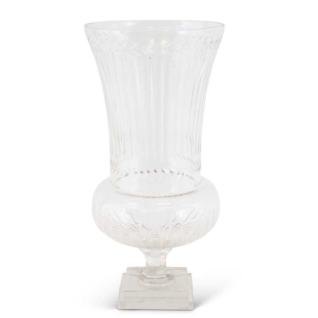 24 Inch Etched Laurel Clear Glass Vase On Pedestal