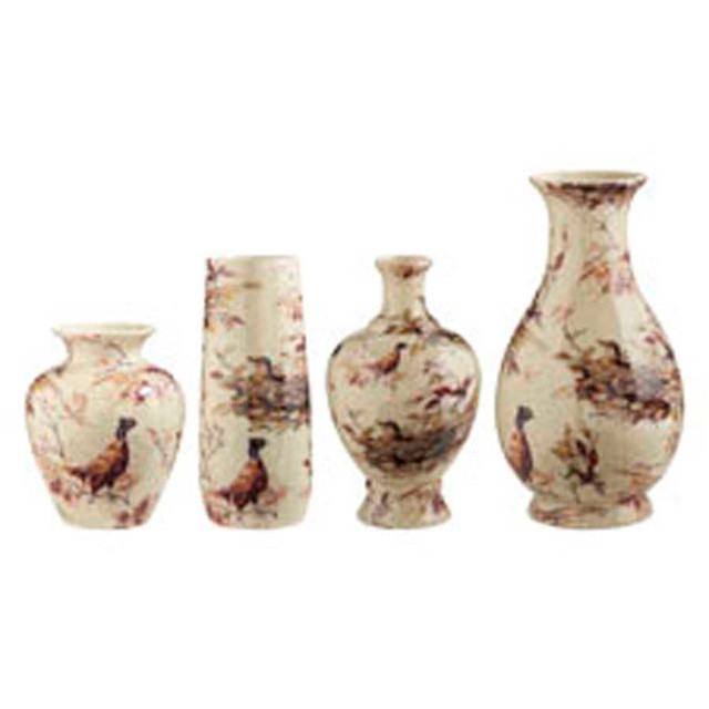 Set Of 4 White Crackled Ceramic Pheasant Vases