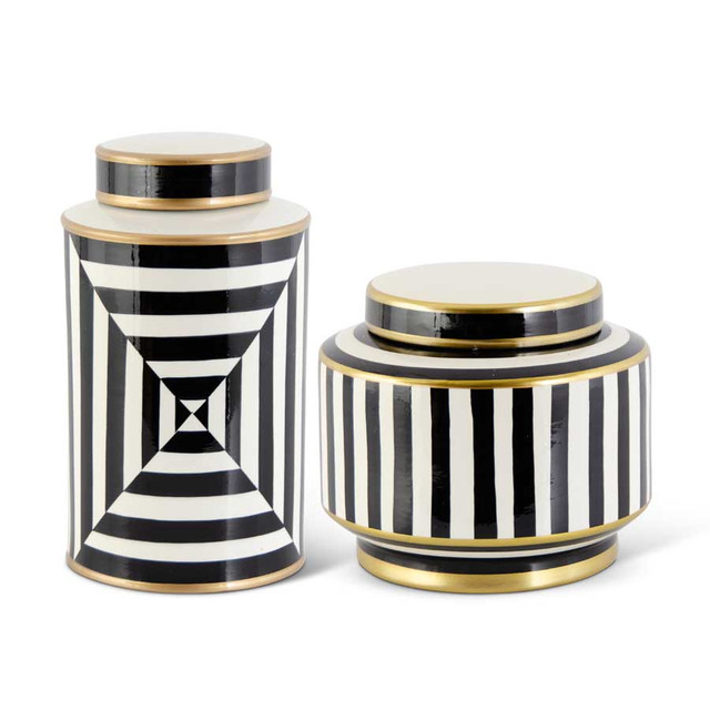 Set Of 2 Black & White Striped Lidded Containers