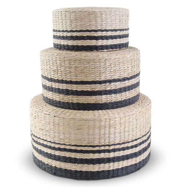 Set Of 3 Round Rattan Grass Stools With 3 Black Stripes