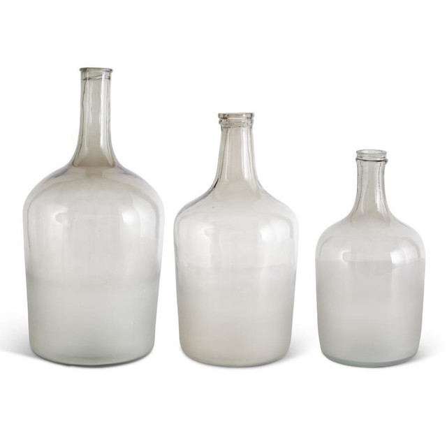 Set Of 3 Gray Glass Long Neck Bottles With Frosted Bottom by K&K Interiors