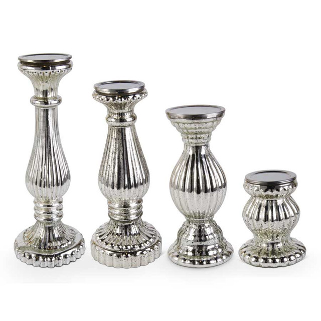 Set Of 4 Ribbed Mercury Glass Pillar Candleholders