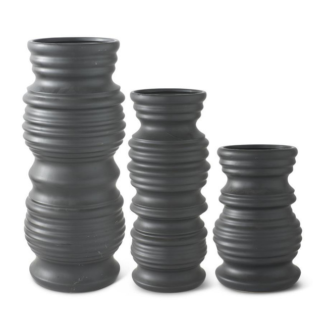 Set Of 3 Matte Black Stoneware Ribbed Vases by K&K Interiors Set Of 3 Matte Black Stoneware Ribbed Vases by K&K Interiors