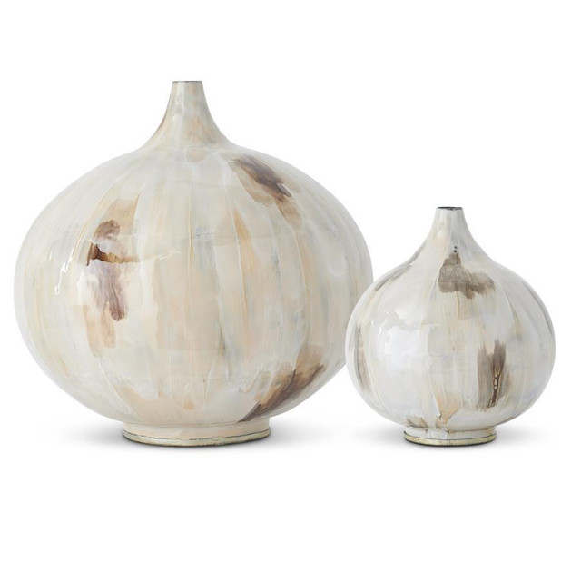 Set of 2 Cream & Brown Enameled Round Metal Vases by K&K Interiors Set of 2 Cream & Brown Enameled Round Metal Vases by K&K Interiors