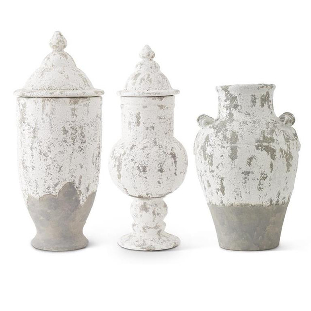 Set of 3 White Glazed Terracotta Vases by K&K Interiors Set of 3 White Glazed Terracotta Vases by K&K Interiors