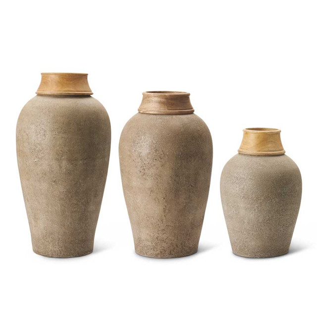 Set Of 3 Gray Terracotta Vases With Wood Neck