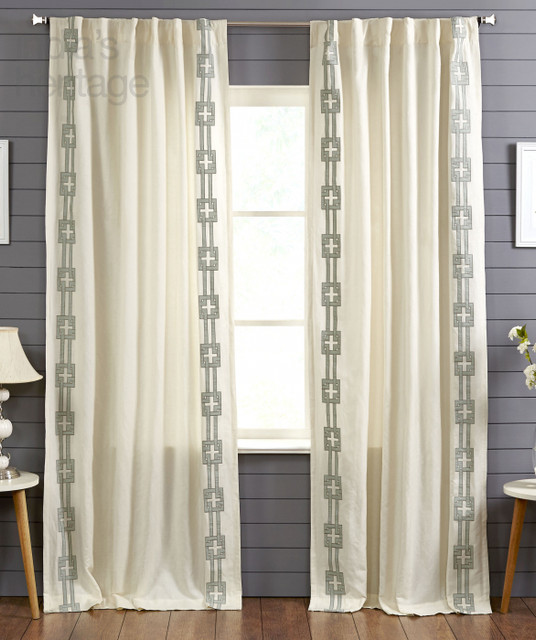 Hannah Geometric Border Curtain in Vanilla Mosaic Blue by Ellora Casa by India's Heritage