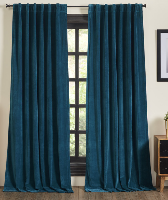Stella Plush Cotton Velvet Curtain in Teal Blue by Ellora Casa by India's Heritage