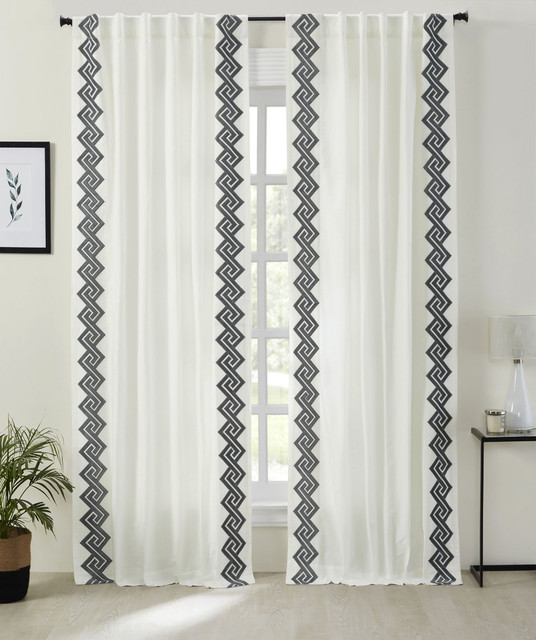 Windsor Velvet Bordered Curtain in White Grey by Ellora Casa by India's Heritage