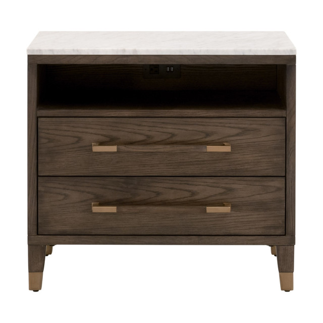 Essentials For Living - Cambria 2-Drawer Nightstand in Dutch Brown Oak, Bianco Marble, Aged Brass