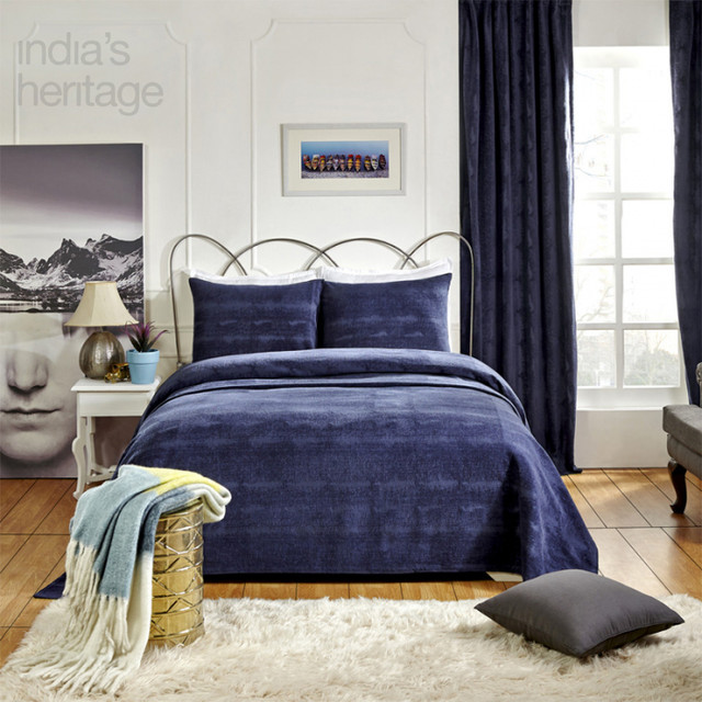 Ellora Casa by India's Heritage Distressed Velvet Coverlet in Navy