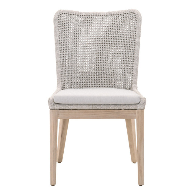 Essentials For Living - Mesh Outdoor Dining Chair in Taupe & White Flat Rope, Gray Teak, Performance Pumice