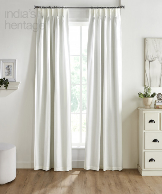 Oxford Linen Cotton Pinch Pleat Curtain in White by Ellora Casa by India's Heritage