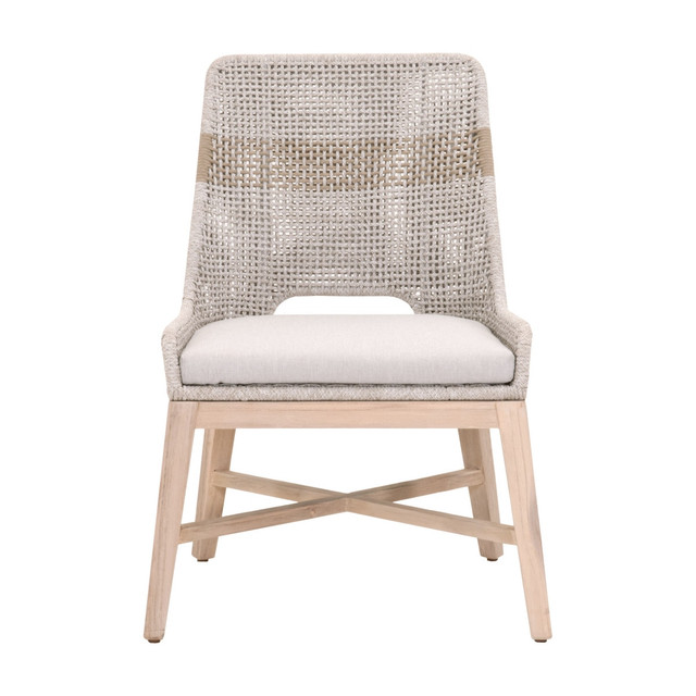 Essentials For Living - Tapestry Outdoor Dining Chair in Taupe & White Flat Rope, Taupe Stripe, Performance Pumice, Gray Teak (Set of 2)