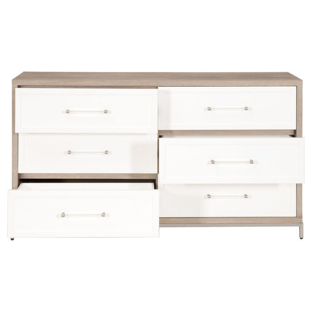 Essentials For Living - Wrenn 6-Drawer Double Dresser in Natural Gray Acacia, Matte White, Brushed Stainless Steel