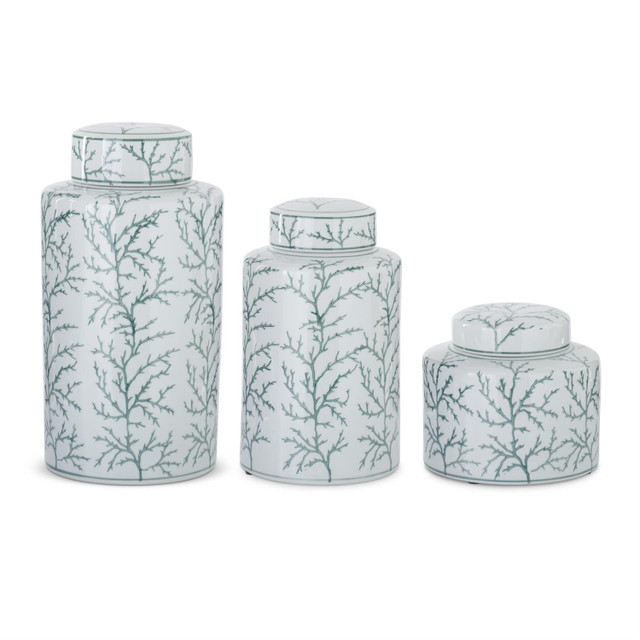 K&K Interiors Set of 3 White & Green Coral Ceramic Ginger Jars