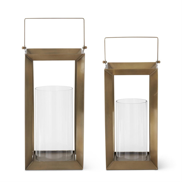K&K Interiors Set of 2 Open Brass Frame Lanterns with Glass Hurricanes K&K Interiors Set of 2 Open Brass Frame Lanterns with Glass Hurricanes