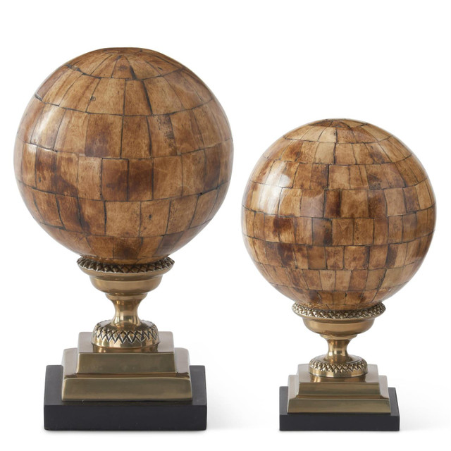 Set of 2 Bone Tile Globe Finials by K&K Interiors Set of 2 Bone Tile Globe Finials by K&K Interiors
