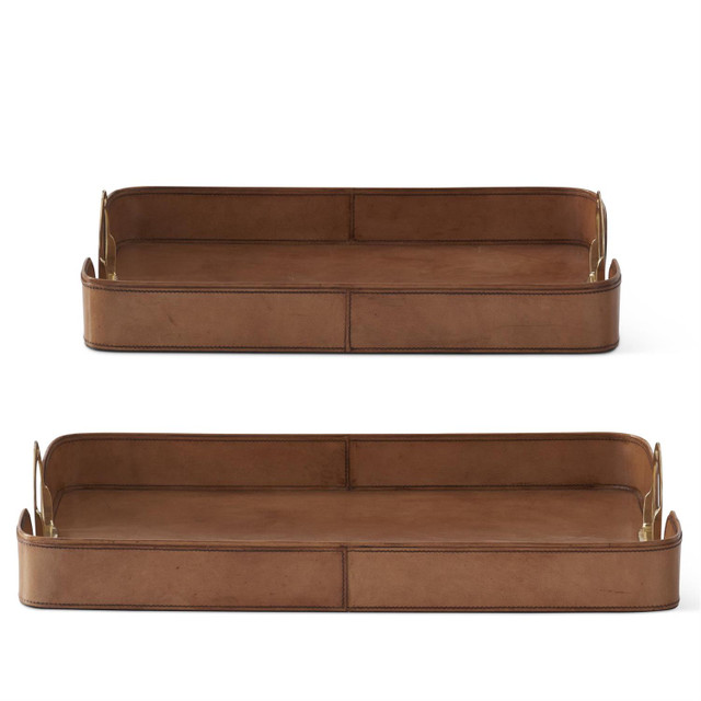 Set of 2 Nested Brown Leather Trays by K&K Interiors Set of 2 Nested Brown Leather Trays by K&K Interiors