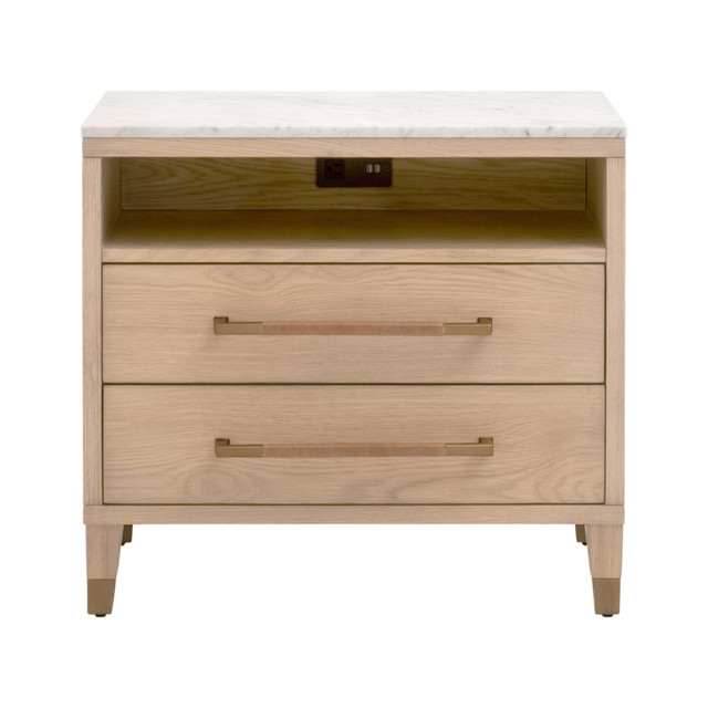 Essentials For Living - Cambria 2-Drawer Nightstand in Natural Oak, Bianco Marble, Aged Brass
