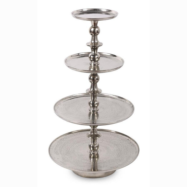 34 Inch Silver Nickel 4 Tiered Round Graduated Stand by K&K Interiors 34 Inch Silver Nickel 4 Tiered Round Graduated Stand by K&K Interiors