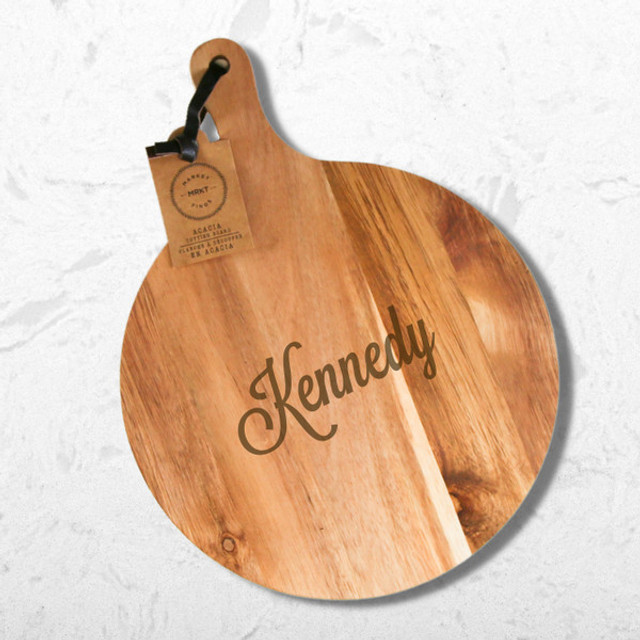 Round Acacia Cheese Board with Handle by Carved Solutions Round Acacia Cheese Board with Handle by Carved Solutions