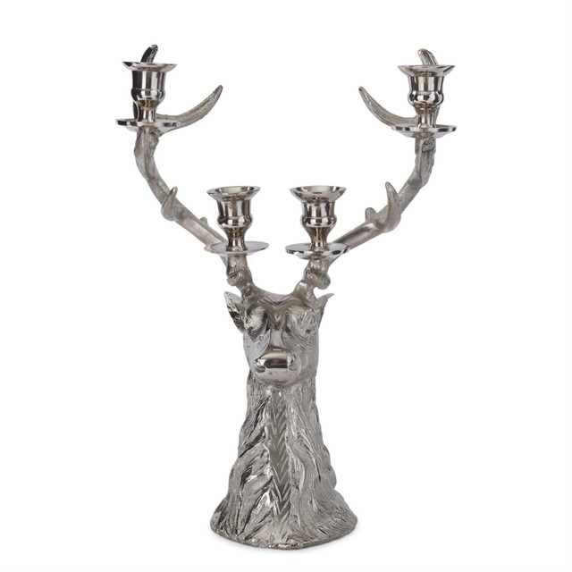 16 Inch Silver Deer Bust 4 Taper Candelabra by K&K Interiors