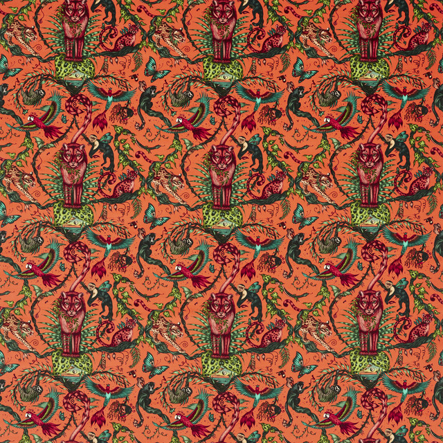 Bosque Dreams Velvet in Coral, Upholstery Fabric by Clarke & Clarke