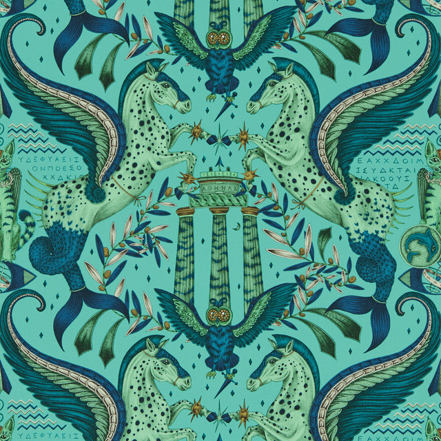 Odyssey Mythos in Peacock Wp, Wallcovering by Clarke & Clarke