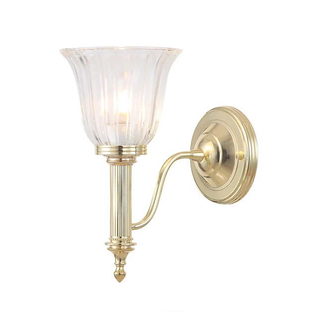 Lucas + McKearn Carroll1 1 Light Bath Light in Polished Brass with Clear Ribbed Glass