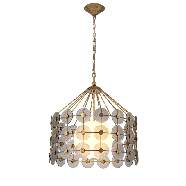 Lucas + McKearn Meridian 3 Light Pendant in Antiqued Gold Leaf with Smokey Glass