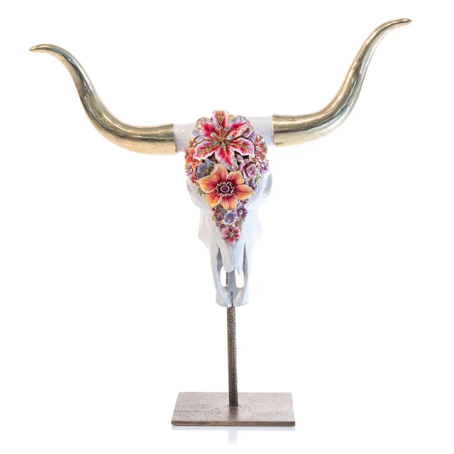 Jay Strongwater Kayden Cow Skull with Flowers Objet