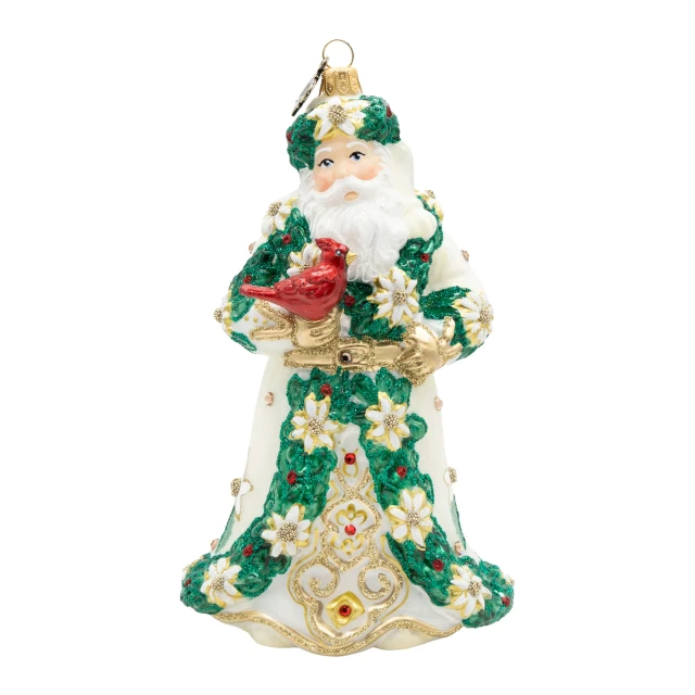 Jay Strongwater White and Gold Poinsettia Santa Ornament