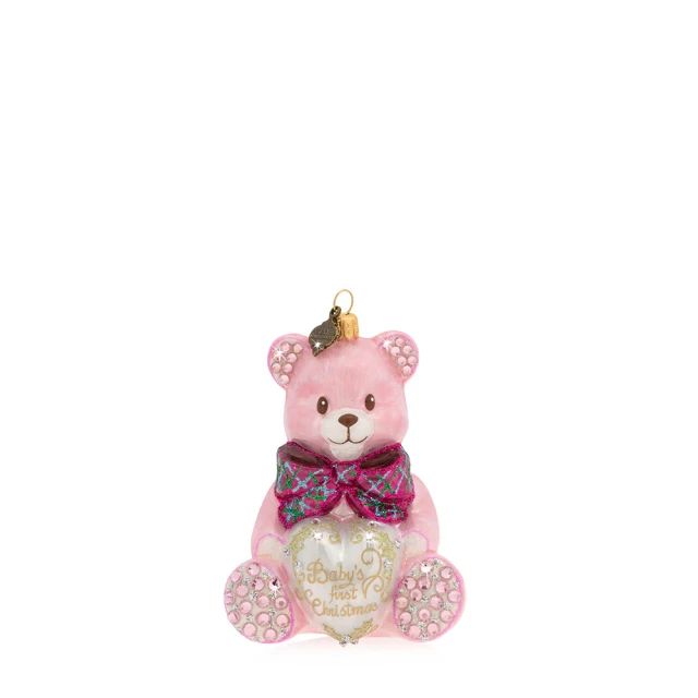 Jay Strongwater Baby's First Christmas Teddy Glass Ornament in Pink 