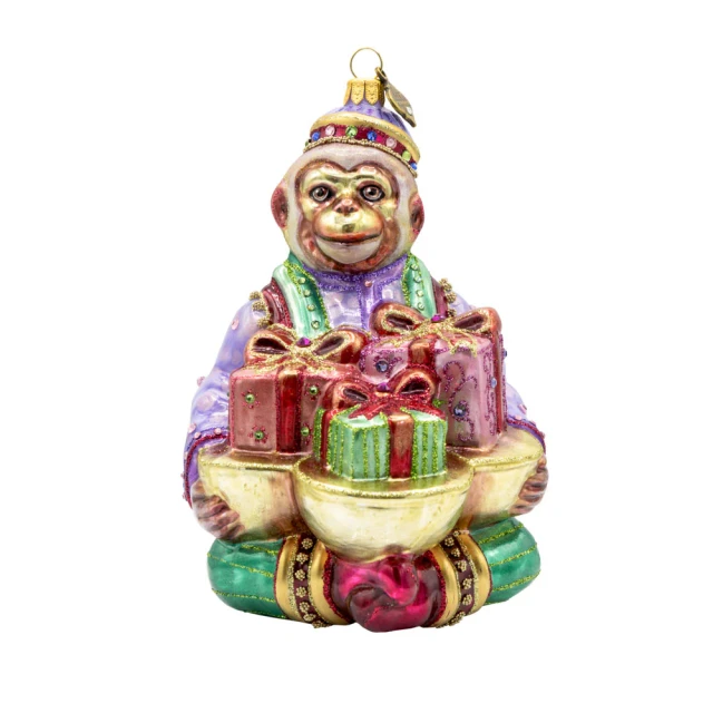 Jay Strongwater Monkey Bearing Gifts Glass Ornament