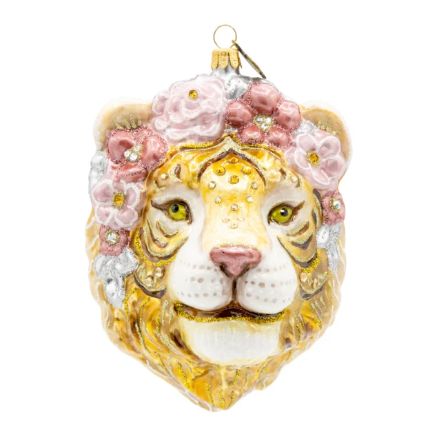 Jay Strongwater Metallic Tiger with Flower Crown Glass Ornament