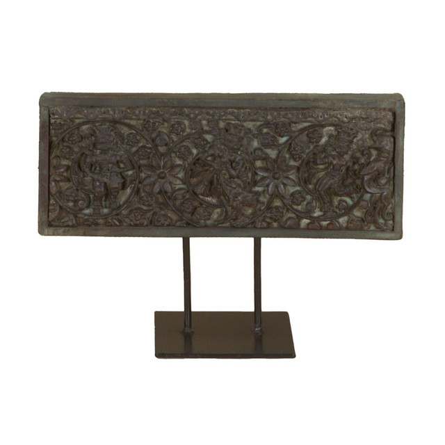 World Interiors - Curio 15" Carved Wood Panel on Iron Stand
