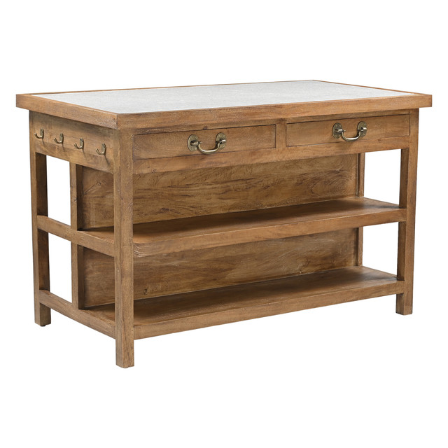 World Interiors - Delmar 58" Kitchen Island Table with White Marble Top and Natural Mango Base