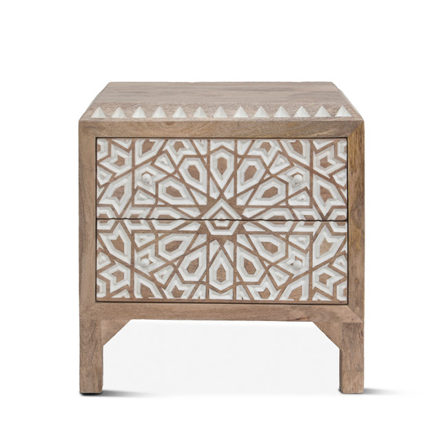 World Interiors - Haveli Geometric Carved Nightstand in Natural White