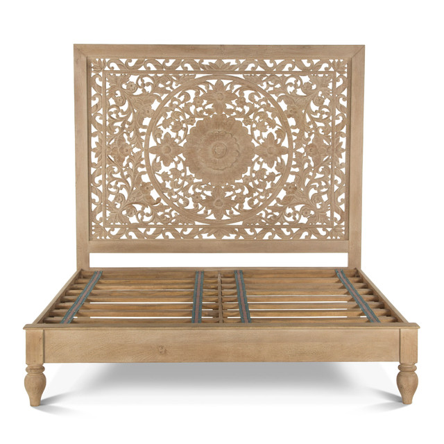 World Interiors - Haveli Carved King Bed in Whitewash Finish