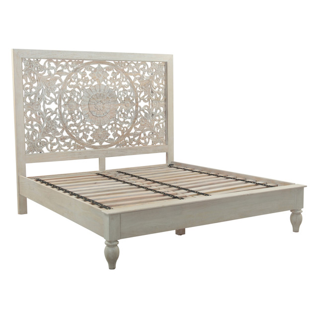 World Interiors - Haveli Queen Bed in Hand Carved Heirloom White