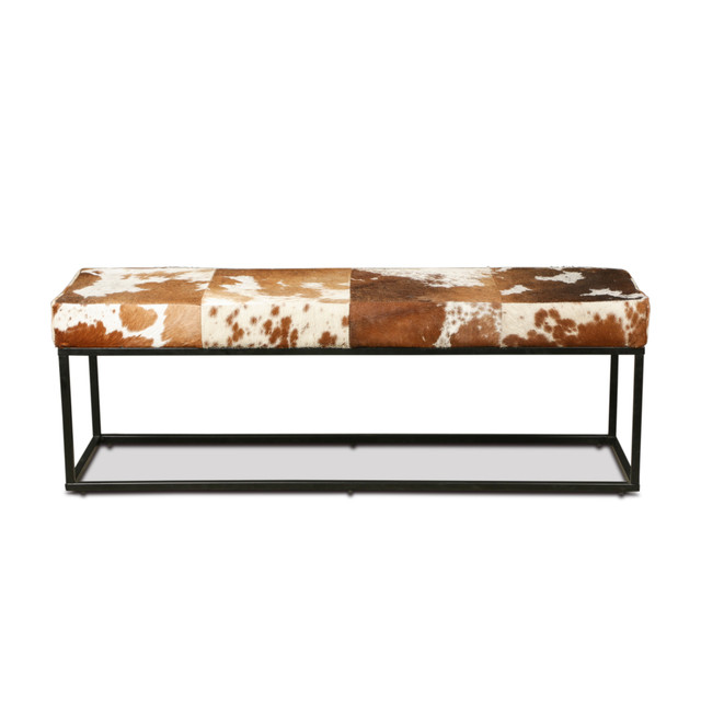 World Interiors - Melbourne 54in Iron and Brown Cowhide Leather Bench